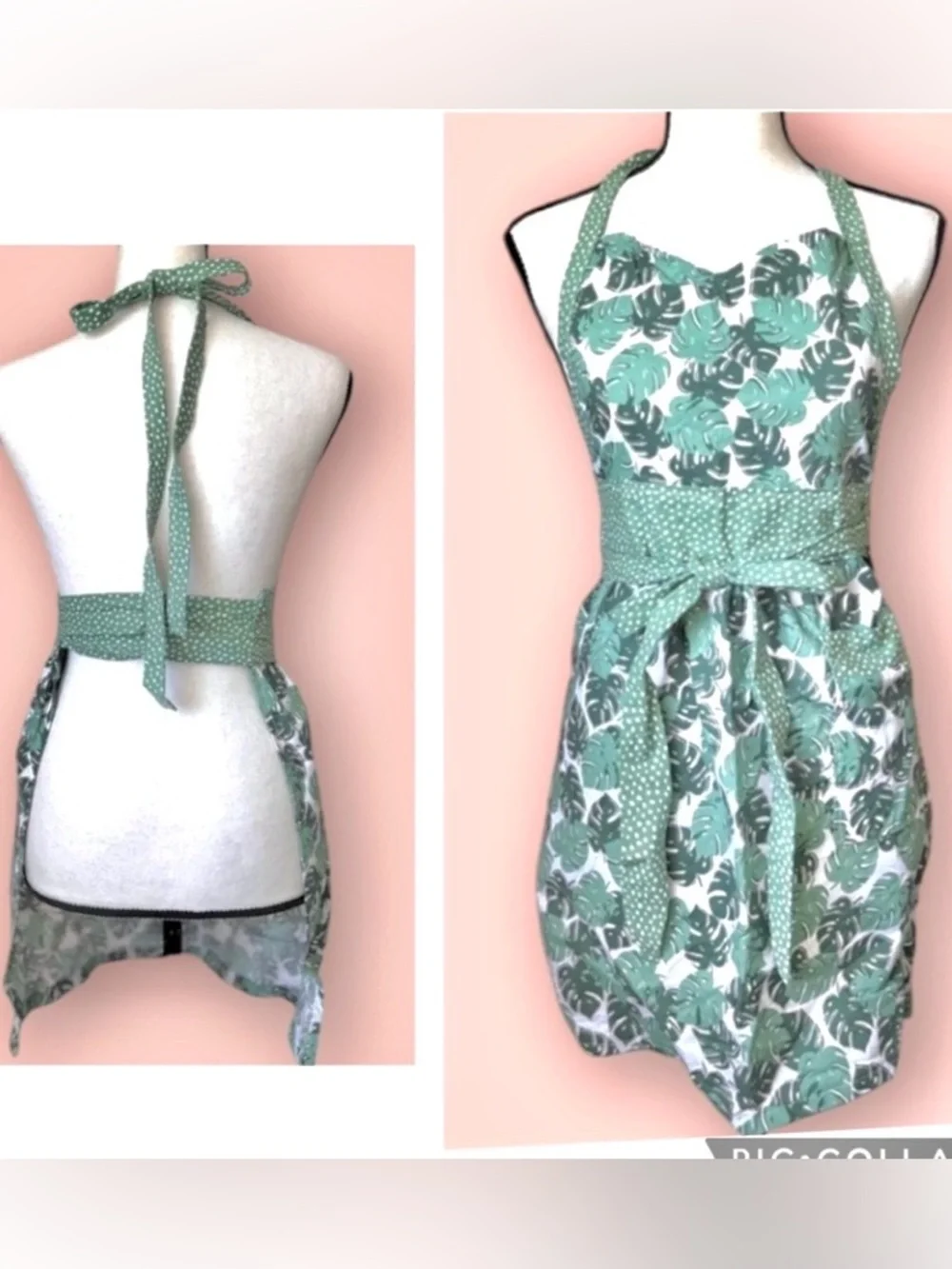 Palm Tree Print Bib Apron Green White Adjustable Neck Waist Pocket Tropical